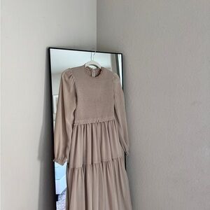 Forever 21 Tan Midi Dress with Bishop Sleeves and Mock Neck